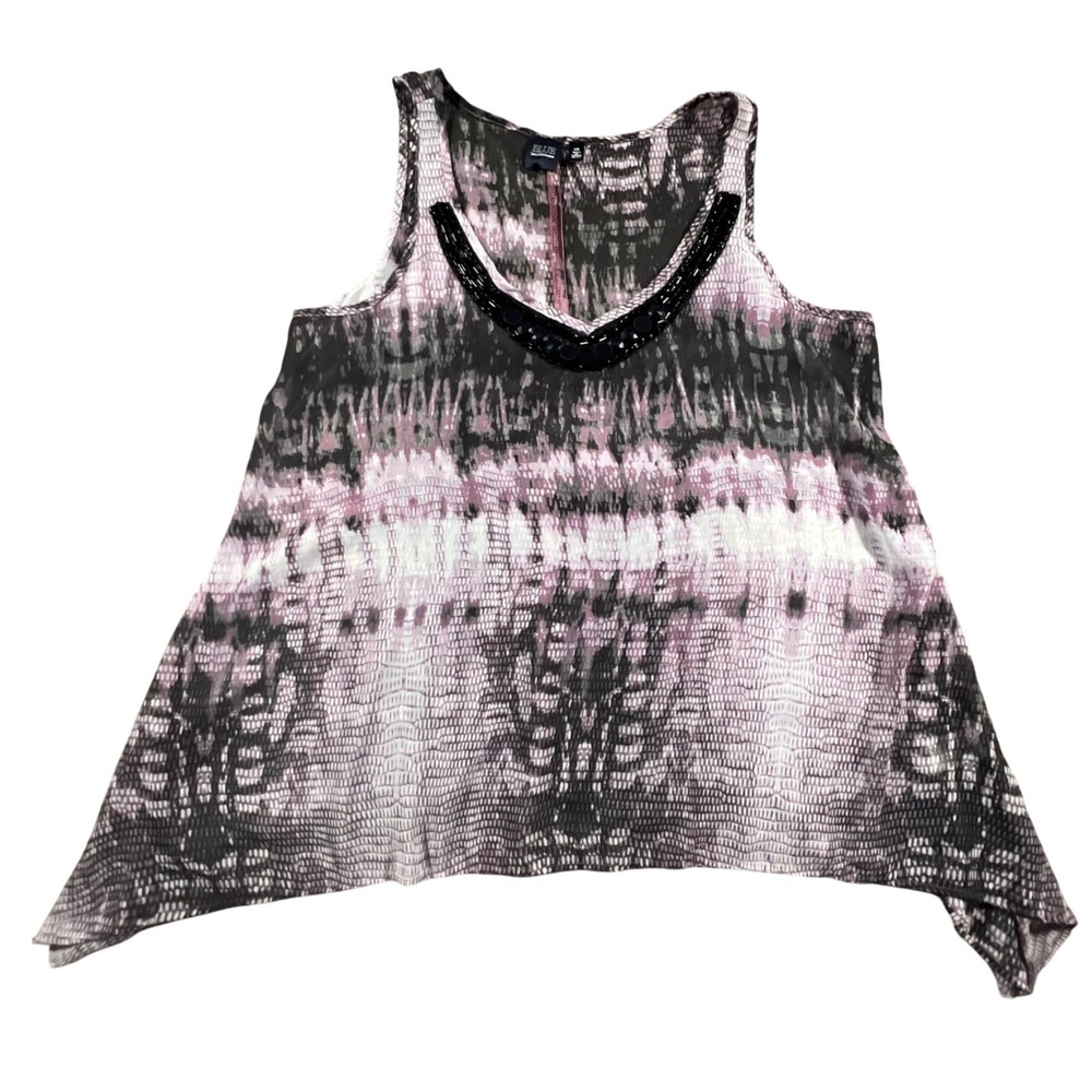 Blue Saks Fifth Avenue Tank Top Womens L Purple Black Snake Tie Dye Beaded Sheer